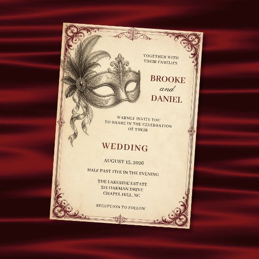 Vintage-Federmasken-Scroll-Hochzeit Einladung