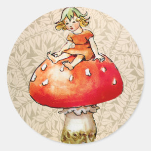 Vintage Fee auf einem Pilz, Retro Blumendruck Runder Aufkleber
