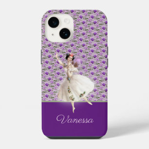 Vintage-Fee auf lila Blumenmuster mit Namen iPhone 14 Hülle