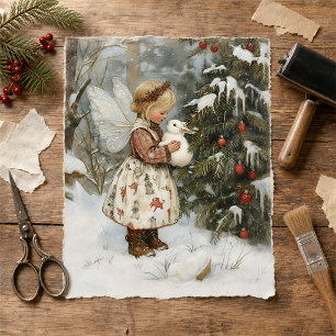Vintage-Fee und Hase am Weihnachtsbaum im Schnee Seidenpapier