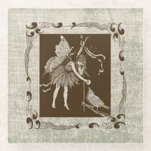 Vintage Fee und Vogel  Glasuntersetzer