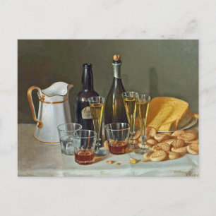 Vintage-Feinbild-Stillleben mit Wein und Käse Postkarte