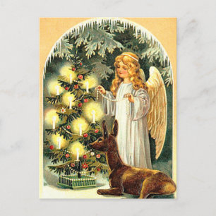 Vintage Festiver Engel mit Hirsch Feiertag Postkarte