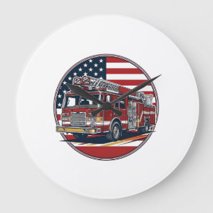Vintage-Feuerwehrauto Amerikanische Flagge Kreis V Große Wanduhr
