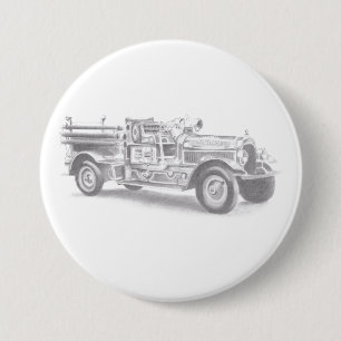 vintage Feuerwehrauto Bleistiftskizze Feuerwehrman Button