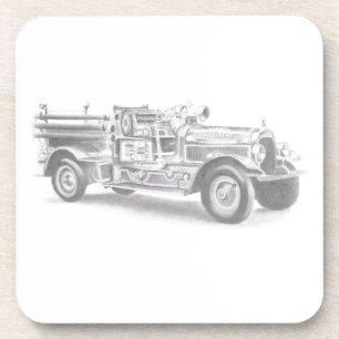 vintage Feuerwehrauto Bleistiftskizze Feuerwehrman Getränkeuntersetzer