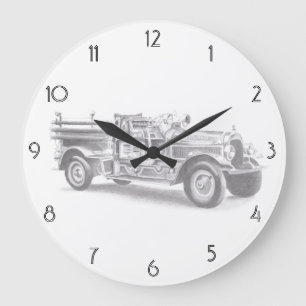 vintage Feuerwehrauto Bleistiftskizze Feuerwehrman Große Wanduhr
