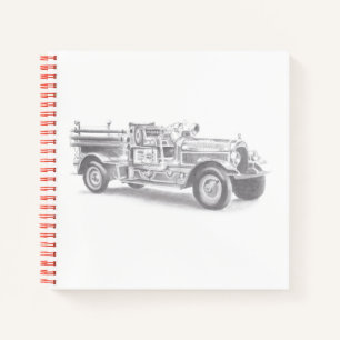 Vintage-Feuerwehrauto Bleistiftskizze Feuerwehrman Notizblock