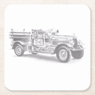 vintage Feuerwehrauto Bleistiftskizze Feuerwehrman Rechteckiger Pappuntersetzer