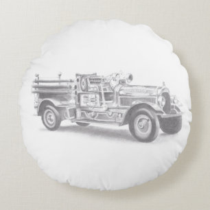 vintage Feuerwehrauto Bleistiftskizze Feuerwehrman Rundes Kissen