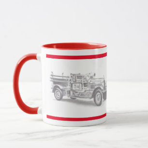 Vintage-Feuerwehrauto Bleistiftskizze Feuerwehrman Tasse