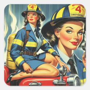 Vintage Feuerwehrfrau Quadratischer Aufkleber