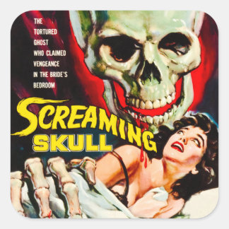 Vintage Filmbox "Screening Skull" Quadratischer Aufkleber