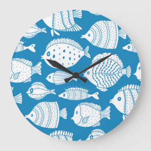Vintage-Fische: Dekoratives Illustrations-Set. Große Wanduhr