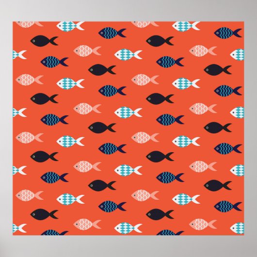 Vintage Fische, korallenrotes Muster. Poster (Vorne)