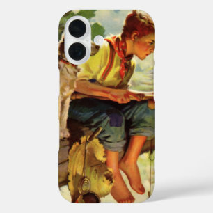 Vintage Fischerei, Junge mit seiner Welpe und sein iPhone 16 Hülle