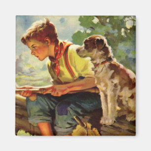 Vintage Fischerei, Junge mit seiner Welpe und sein Magnet