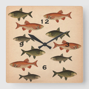 Vintage Fish Illustrations Wall Clock Quadratische Wanduhr