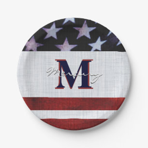 Vintage Flag Patriotic 4. Juli Custom Monogram 1 Pappteller