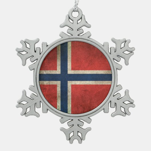 Vintage Flagge Norwegens mit Abnutzungsspuren Schneeflocken Zinn-Ornament (Vorderseite)