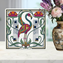 Vintage Flamingo Floral Geometric Patterned Tile