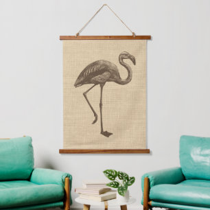 Vintage Flamingo-Illustration auf Burlap Wandteppich Mit Holzrahmen