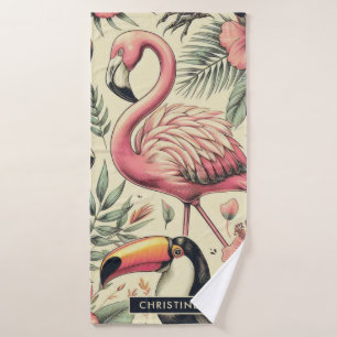 Vintage Flamingo und Toucan Nahtlos Badehandtuch
