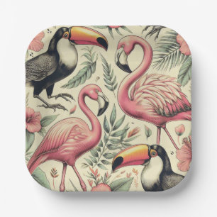 Vintage Flamingo und Toucan Nahtlos Pappteller