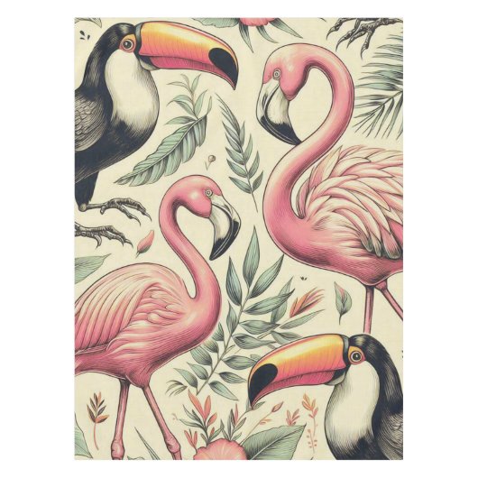 Vintage Flamingo und Toucan Nahtlos Tischdecke (Vorderseite)