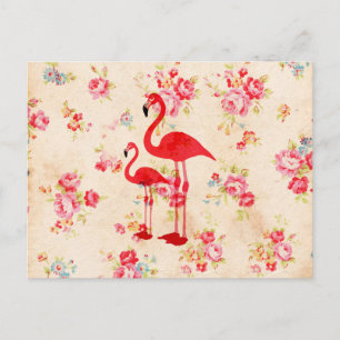 Vintage flamingos-rote Rosen Postkarte