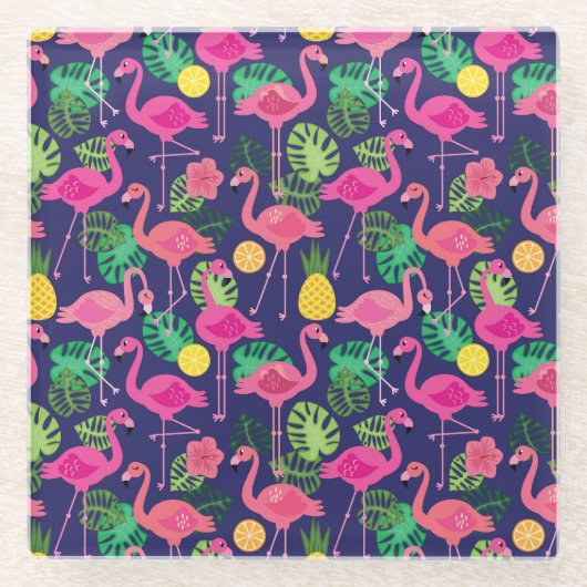 Vintage Flamingos, Sommerelemente Glasuntersetzer (Vorderseite)