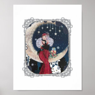 Vintage Flapper-Frau auf zunehmendem Mond Poster