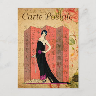 Vintage Flapper-Frau im schwarzen Kleid Floral Fra Postkarte