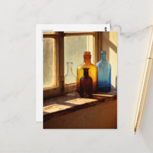 Vintage Flaschen auf der Fensterbank Postkarte