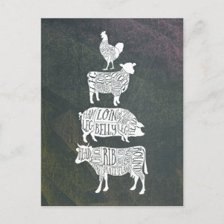 Vintage-Fleischteile-Rind-Schwein-Hähnchen-Kunst Postkarte