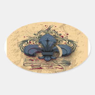 Vintage Fleur-de-lis-Blue-Metal-Grunge-Effekte Ovaler Aufkleber