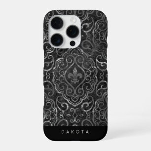 Vintage Fleur de Lis   Schwarzer silberner Grunge  iPhone 16 Pro Hülle