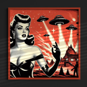 Vintage-Fliegende Untertassen-Pin-up Poster