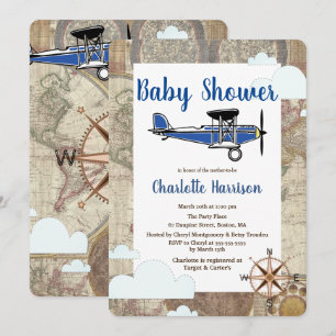 Vintage-Flieger-Flugzeug-Weltreise-Baby-Party Einladung