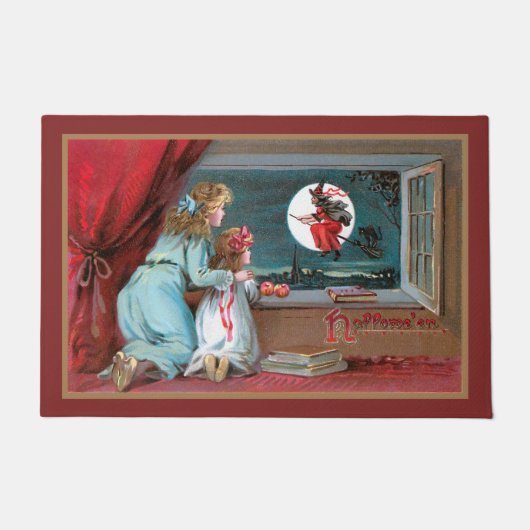 Vintage Fliegerhexe mit Vollmond und Mädchen Fußmatte (Vorderseite)