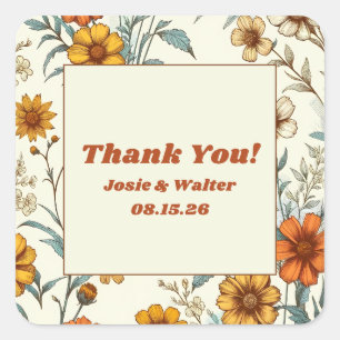 Vintage Floral 70er Zeitloser Hochzeits-Dankeschön Quadratischer Aufkleber