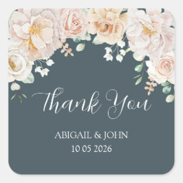 Vintage Floral Blue Thank You Wedding Favor Tag Quadratischer Aufkleber