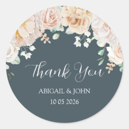 Vintage Floral Blue Thank You Wedding Favor Tag Runder Aufkleber