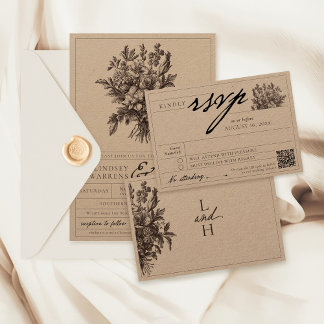 Vintage Floral Boho Rustic Kraft Formal Wedding RSVP Karte