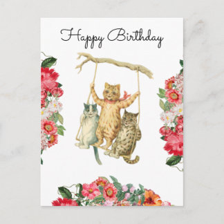 Vintage Floral Boho Watercolor Cats Happy Birthday Postkarte