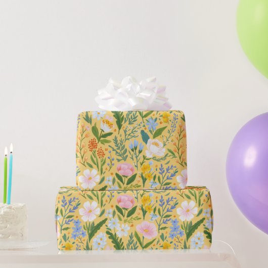 Vintage Floral Botanical Pink Yellow Blue  Geschenkpapier (Partygeschenke)