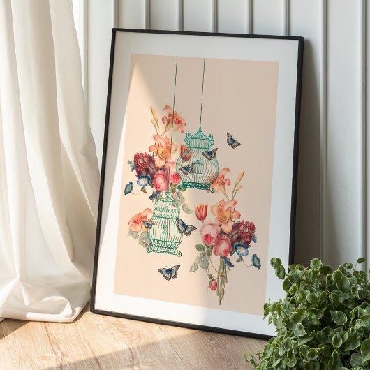 Vintage Floral Bouquet And Vintage Birdcages Poster