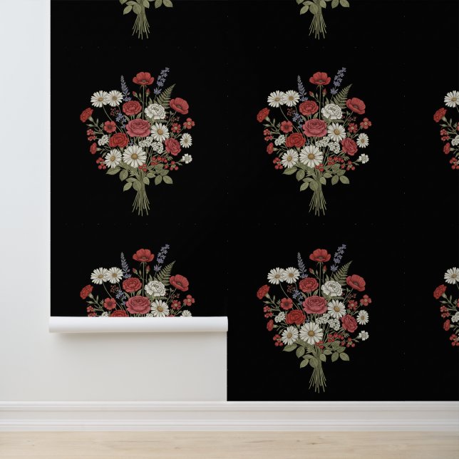 Vintage Floral Bouquet Black Textured  Tapete (Anwendung)