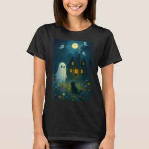 Vintage Floral Geist Schwarze Katze Halloween Geis T-Shirt