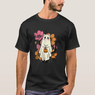 Vintage Floral Ghost Cat Halloween Graphic T-Shirt